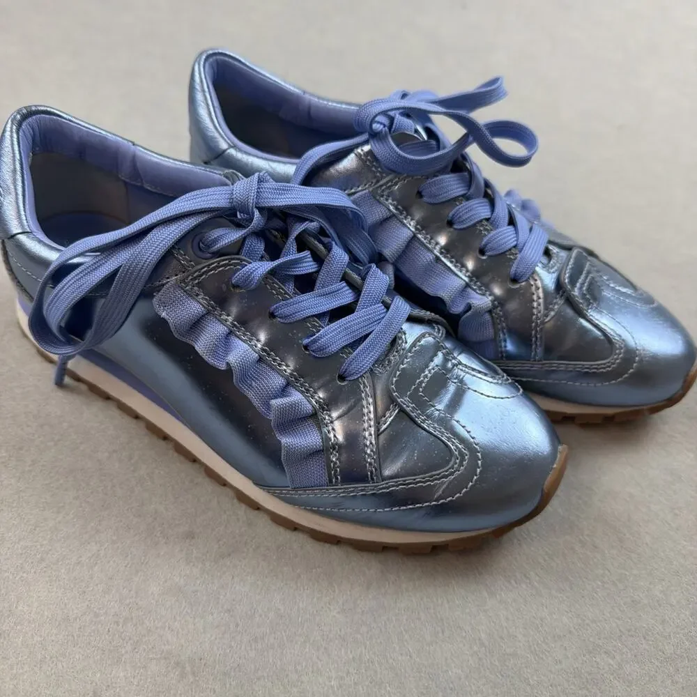 Tory Burch‎ Sport Ruffle Sneaker 6.5 Metallic Blue Leather EUC Designer Preppy